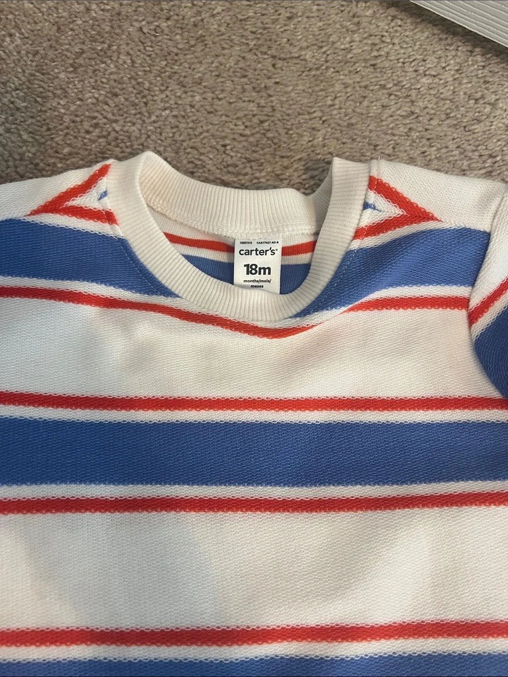 Carter's Cream Tee with Blue and Red Stripes with blue shorts